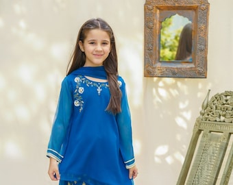 Girls Chiffon : 3 Piece Embroidered Gharara Dress