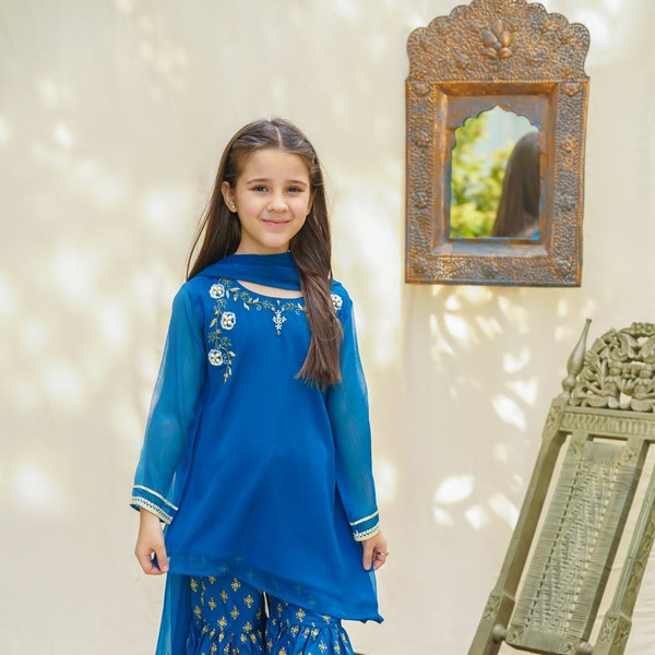 Girls Chiffon : 3 Piece Embroidered Gharara Dress