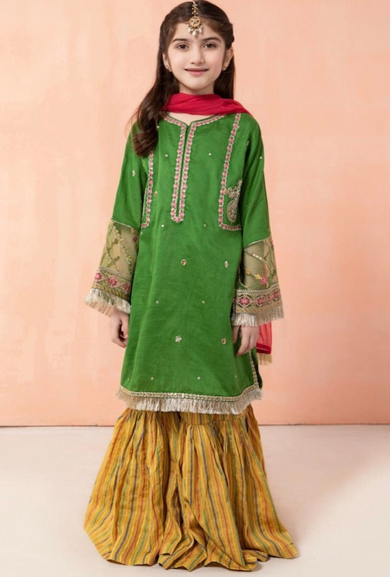 Green: Girl's Gharara Dress by Maria B
