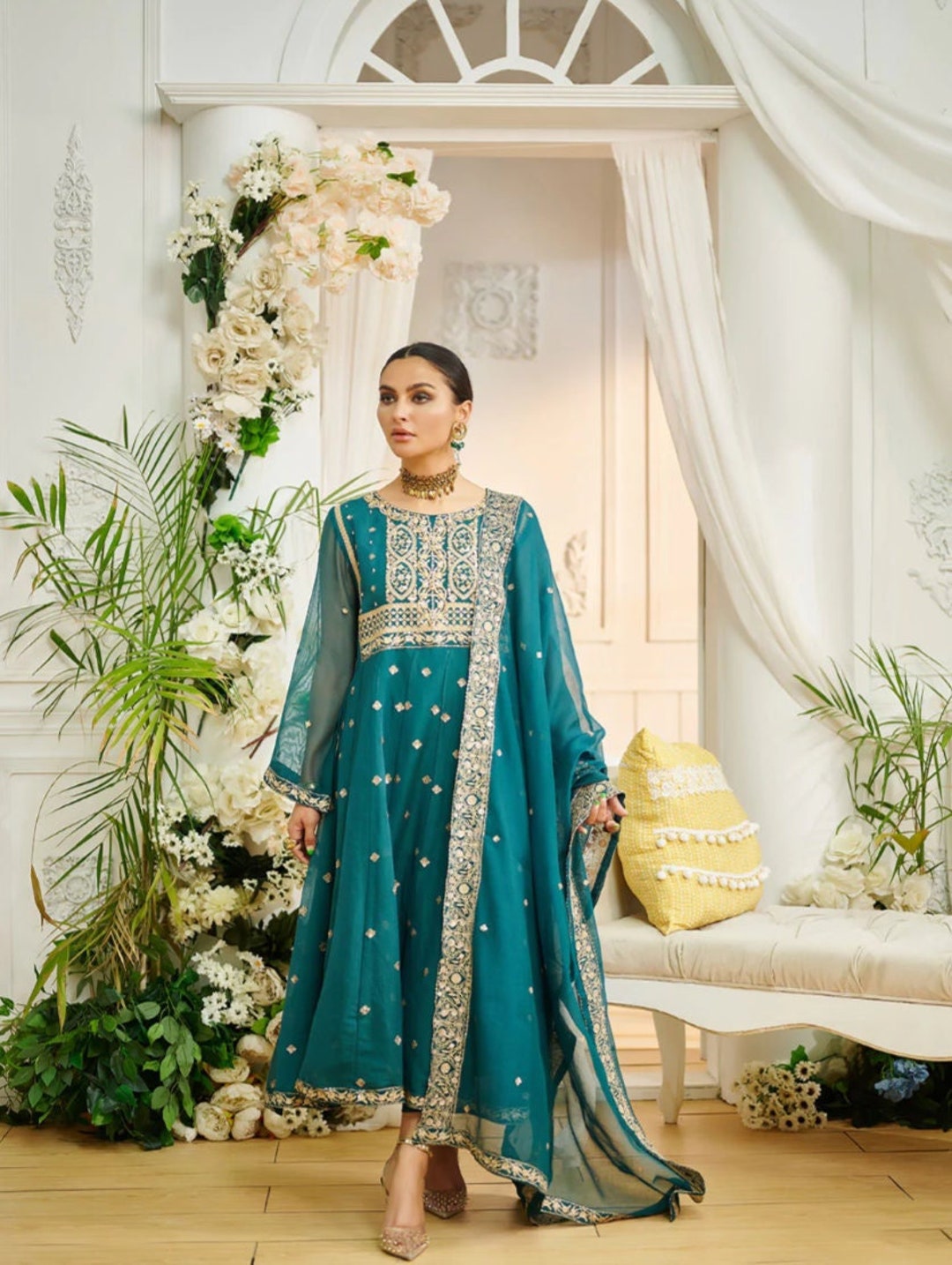 Samara green heavy embroidered suit
