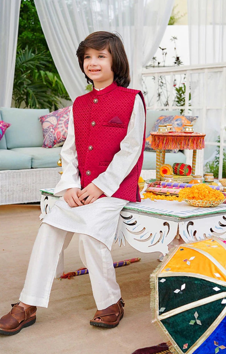 Boys Off-White Kurta Shalwar with Embroidered Waistcoat - Traditional Outfit 1-4Y