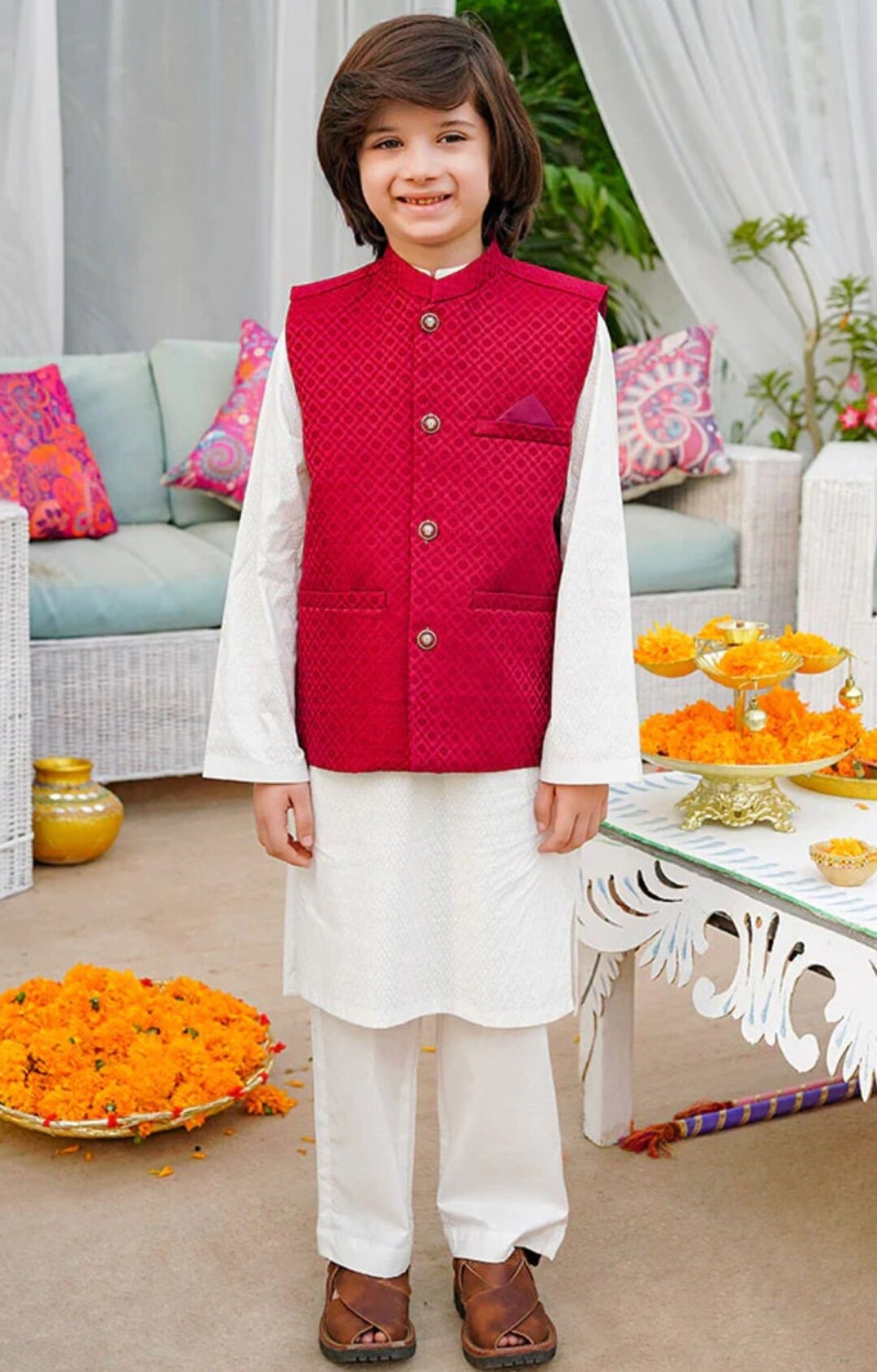 Boys White Kurta Shalwar with Golden Embroidered Waistcoat - Traditional Outfit 1-7Y main image 1