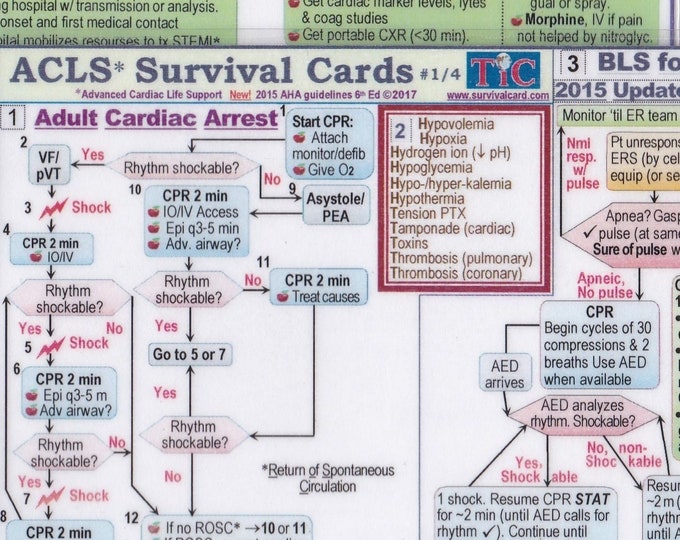 ACLS (Advanced Cardiac Life Support) Survival Card Quick Reference Study Guide - 4 card set, Laminated/Hole punched,  water resistant