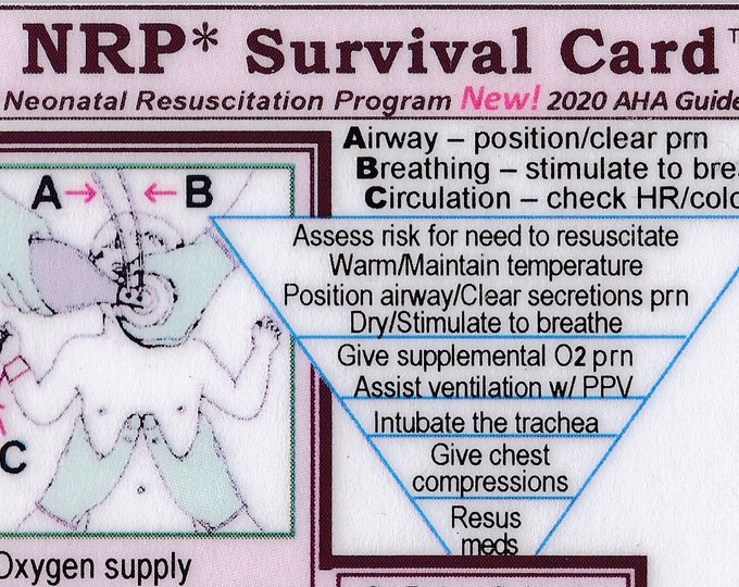 NRP (Neonatal Resuscitation Program) SURVIVAL CARD Quick Reference Guide - Laminated/Hole punched - 2020 guidelines