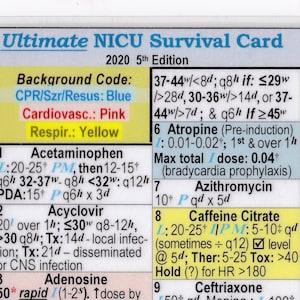 Ultimate NICU (Neonatal Intensive Care Unit) Survival Card Quick Reference Guide - Laminated - 2020 guidelines - Large 3.5 x 5.5 in.