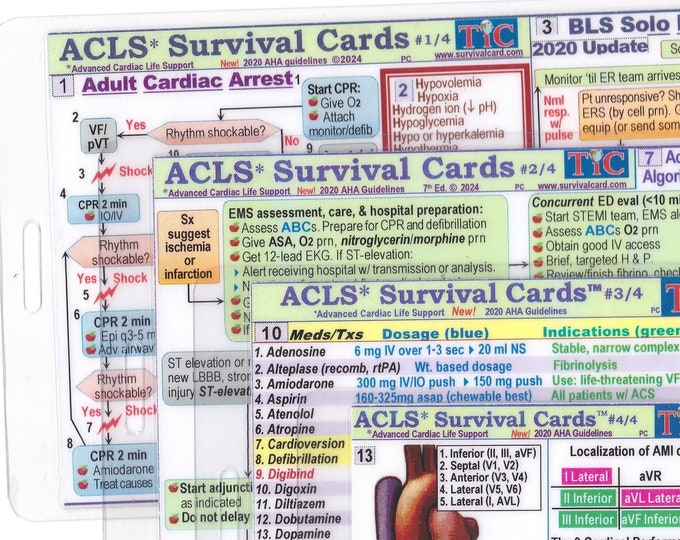 ACLS (Latest Updates - Advanced Cardiac Life Support) Survival Card Quick Reference Study Guide - 3.5 X 5.5 inches - 4 card set - Laminated