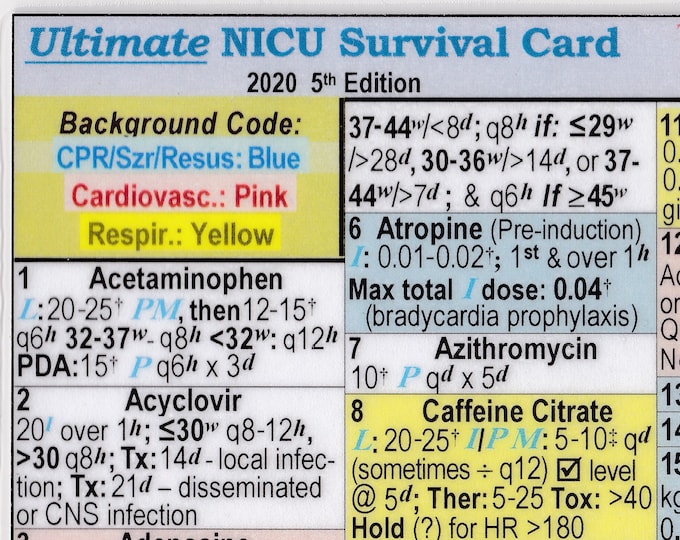 Ultimate NICU (Neonatal Intensive Care Unit) Survival Card Quick Reference Guide - Laminated - 2020 guidelines - Large 3.5 x 5.5 in.