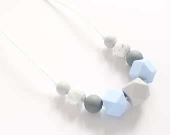 Blue & Grey Silicone Nursing Necklace: Sensory Fiddle Beads, New Mum Gift