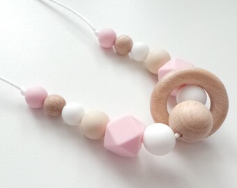 Silicone Wood Nursing Necklace: Sensory Fiddle Beads, Breakaway Clasp