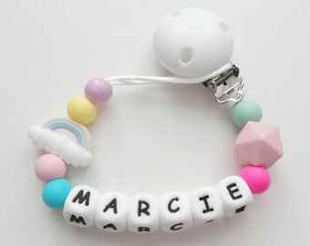 Matching Pram Charm And Silicone Dummy Clip Set Boy Blue White Grey Rainbow Baby Babies Pacifier