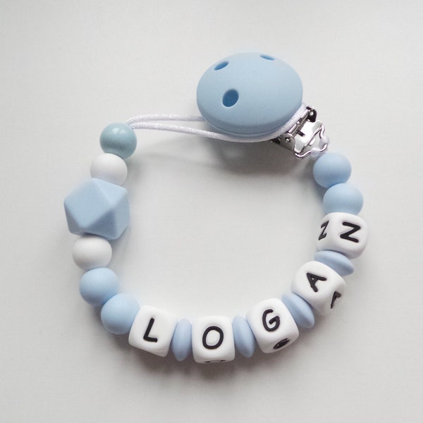 Personalised Dummy clip Baby Soother holder Pacifier clip for Newborn gift Silicone Dummy clip Pale Blue & White Dummy holder