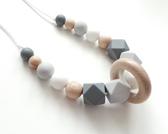 Silicone Wood Nursing Necklace: Sensory Fiddle Beads, Breakaway Clasp