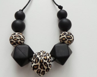 Black & Leopard Silicone Nursing Necklace: Sensory Fiddle Beads