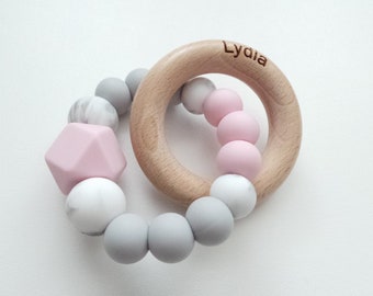 Personalised Baby  Toy: Engraved Wooden Ring, Silicone Sensory Toy