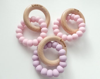 Personalised Baby Toy: Engraved Wooden Ring, Silicone ring