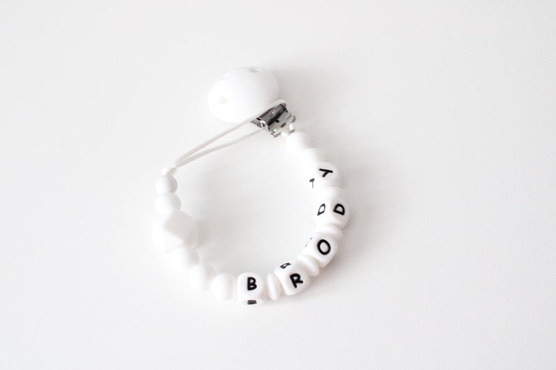 Personalised silicone dummy clip Baby pacifier clip New baby gift Baby girl gift Baby boy gift unisex baby gift christening gift White