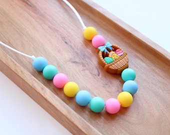 Easter Egg Basket Silicone Necklace: Colorful Kids Jewelry