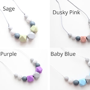 May include: Four silicone teething necklaces with different colored beads. The necklaces are made with a variety of shapes, including round, square, and geometric. The colors are sage, dusky pink, purple, and baby blue.