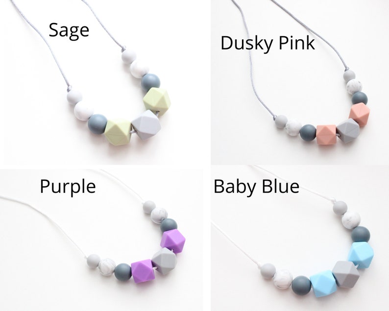 May include: Four silicone teething necklaces with different colored beads. The necklaces are made with a variety of shapes, including round, square, and geometric. The colors are sage, dusky pink, purple, and baby blue.
