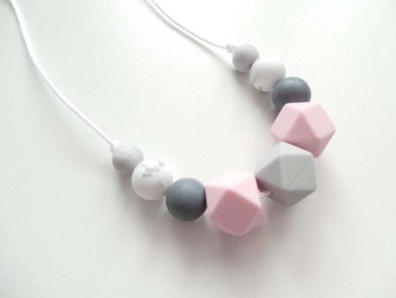 Silicone Nursing Necklace: Pink & Grey Sensory Breastfeeding Necklace