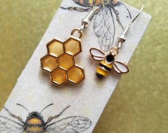 Honeycomb and Bee drop earrings with sterling silver hook with hypoallergenic safety backs
