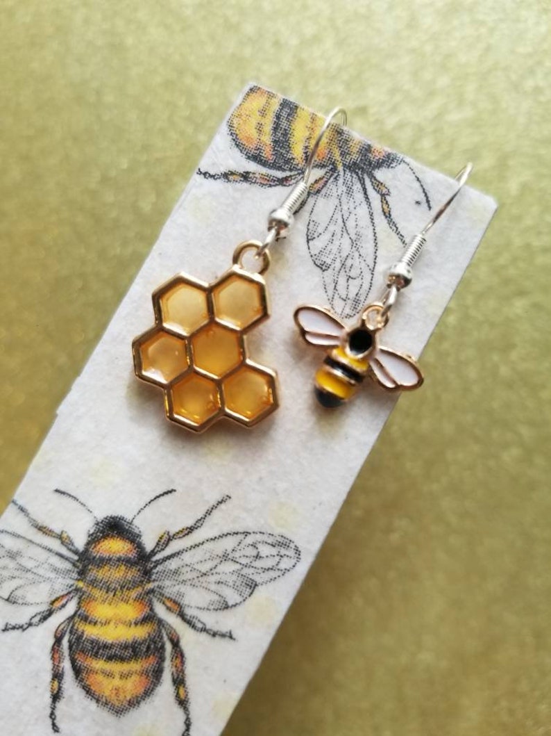 Honeycomb and Bee drop earrings with sterling silver hook with hypoallergenic safety backs 