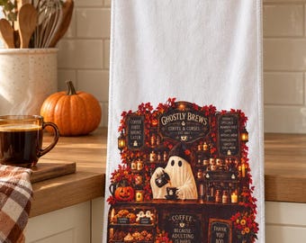Ghostly Brews Halloween Tea Towel, Ghost Barista Café Design, Autumn Coffee Lover Gift
