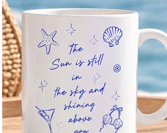 ABBA Inspired Ceramic Mug, Chiquitita Quote, Sea Blue Doodles (Microwave Safe)