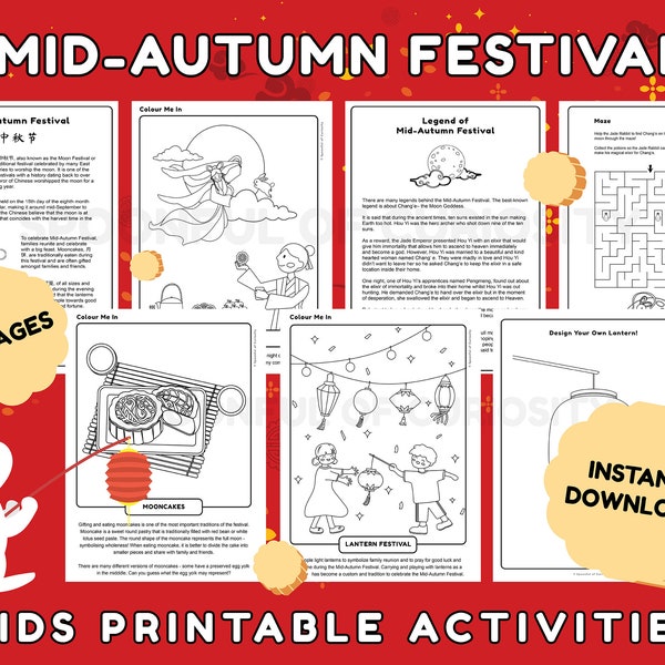 Mid-Autumn Festival Educational Activities Worksheets | Learn & Coloring Fun | Digital Printable PDF