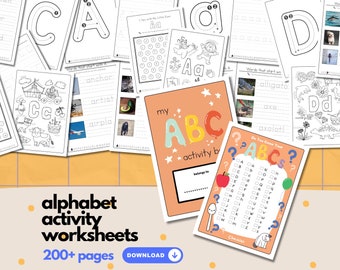 May include: A set of alphabet activity worksheets for kids. The worksheets feature colorful illustrations and activities like tracing letters, matching letters to pictures, and writing words. The cover of the workbook says "my ABC activity book".