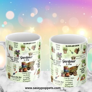 May include: Two white ceramic mugs with a green background and colorful illustrations of gardening tools, plants, and flowers. The text on the mugs reads "Bloom and Grow", "Plant Dreams Full of Weeds and Grow a Happy Life", "Gardener Life", and "Play in the Dirt".