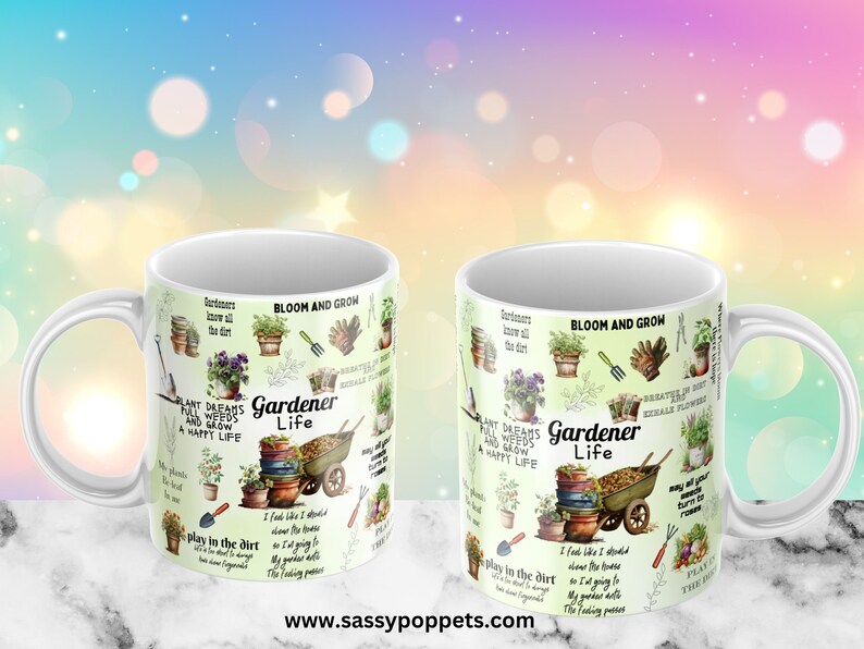 May include: Two white ceramic mugs with a green background and colorful illustrations of gardening tools, plants, and flowers. The text on the mugs reads "Bloom and Grow", "Plant Dreams Full of Weeds and Grow a Happy Life", "Gardener Life", and "Play in the Dirt".