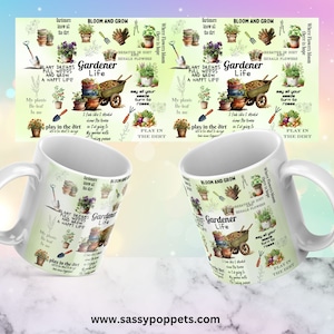 May include: White ceramic mug with a green and white design featuring a gardening theme. The mug has a handle and the text "Gardener Life" is printed on the mug. The design includes flowers, plants, and gardening tools.
