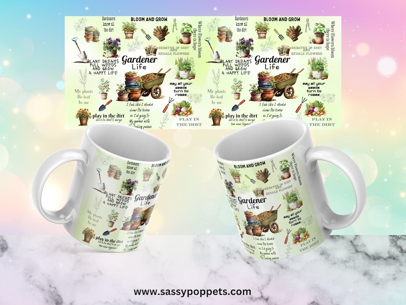 May include: White ceramic mug with a green and white design featuring a gardening theme. The mug has a handle and the text "Gardener Life" is printed on the mug. The design includes flowers, plants, and gardening tools.