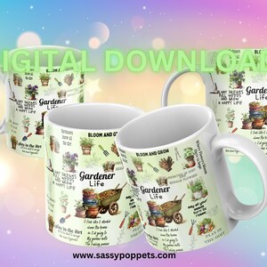 May include: Four white ceramic mugs with a green and white design featuring gardening-themed text and illustrations. The text on the mugs reads "Gardener Life", "Plant Dreams Fill Weeds And Grow A Happy Life", "Bloom And Grow", "Play In The Dirt", "Where Flowers Bloom There Is Hope", "I Feel Like I Should Stay Home", "I'm Going To My Garden Now", "My Garden Needs The Falling Rain", "May All Your Weeds Turn To Roses", "Gardener Have All The Dirt", "Celebrate In Dirt", "Rexala Flowered", "I Like To Spend Time In My Garden", "I'm Going To My Garden Now", "My Garden Needs The Falling Rain", "Play In The Dirt".