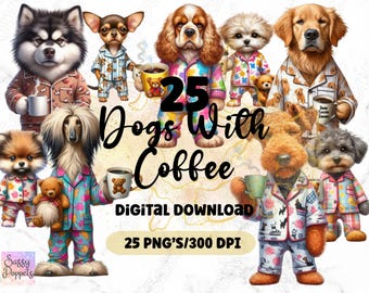 Dogs with coffee clip art digital download