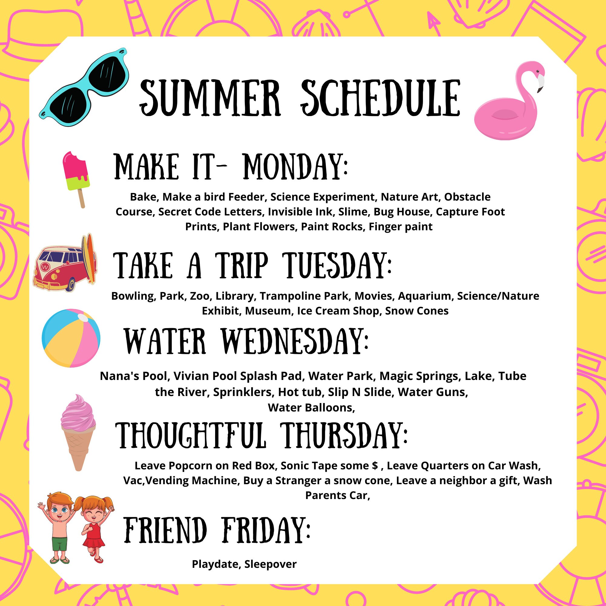 Summer Schedule Printable Summertime Fun Schedule Summer Etsy