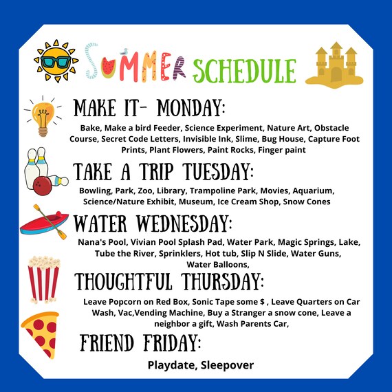 Printable Summer Schedule For Kids Etsy