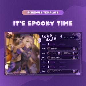 May include: A purple and black schedule template with a spooky theme. The template includes a schedule for the week of 14th to 20th October, with a different game or activity listed for each day. The template also features a cute ghost illustration and the text "It's Spooky Time" at the top.