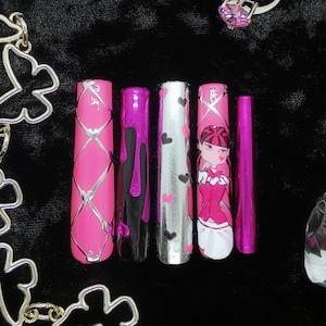 Draculaura Inspired Pink Silver Gel Press on Nails