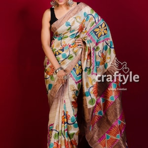 Kalamkari Saree Soft Peach Hand Painted Pure Tussar Silk with Blouse Piece | Elegant Traditional Indian Wear for Women