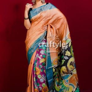 Kalamkari Pink Tussar Silk Saree | Hand Painted Kalamkari Saree by Mandys | Elegant Indian Ethnic Wear