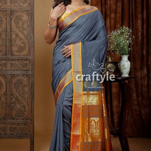 Lava Grey Soft Silk Saree with Zari Border - Bomkai Design