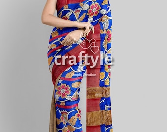 Kalamkari Handpainted Azure Blue Tussar Silk Saree with Blouse Piece | Elegant Party Wear Saree | Unique Kalamkari Design