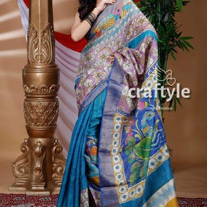 Silk Mark Certified Hand Painted Tussar Kalamkari Saree | Pure Silk Kalamkari Sari with Blouse Piece & Zari Detailing