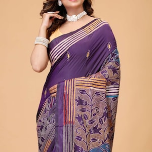 Purple Navy Tulip Motif Silk Kantha Saree - Reverse Stitch