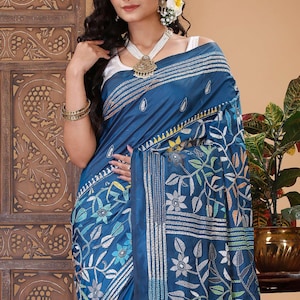 Silk Kantha Saree Astronaut Blue Floral Handmade Silk Sari with Kantha Stitch, Lightweight Soft Indian Ethnic Wear