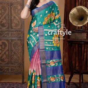 Sea Green Lotus Design Zari Tussar Kalamkari Saree |  Hand Painted Kalamkari Tussar Saree with Blouse Piece