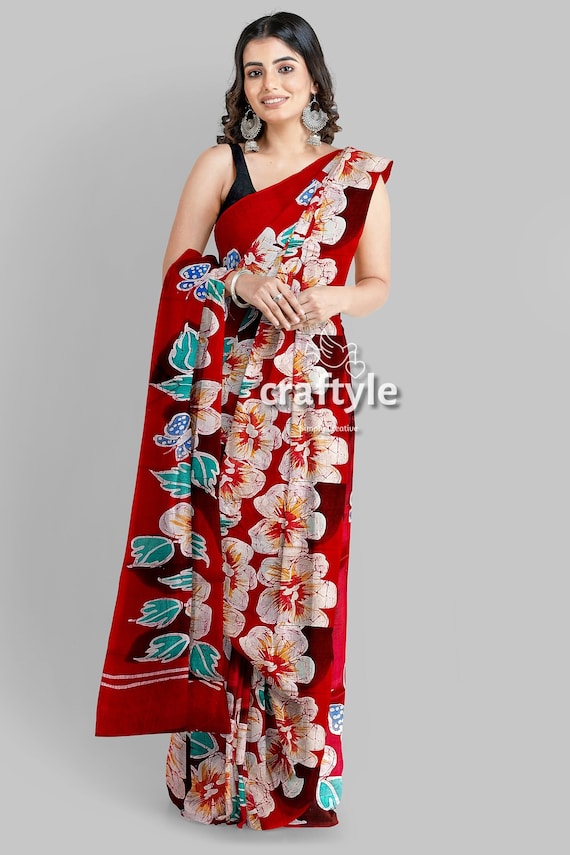 手描きシルクバティックフラワー赤