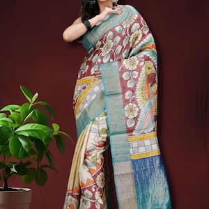Silk Mark Certified Hand Painted Kalamkari Saree | Zari Border Pure Tussar Sari with Blouse Piece | Elegant Kalamkari Silk Sari